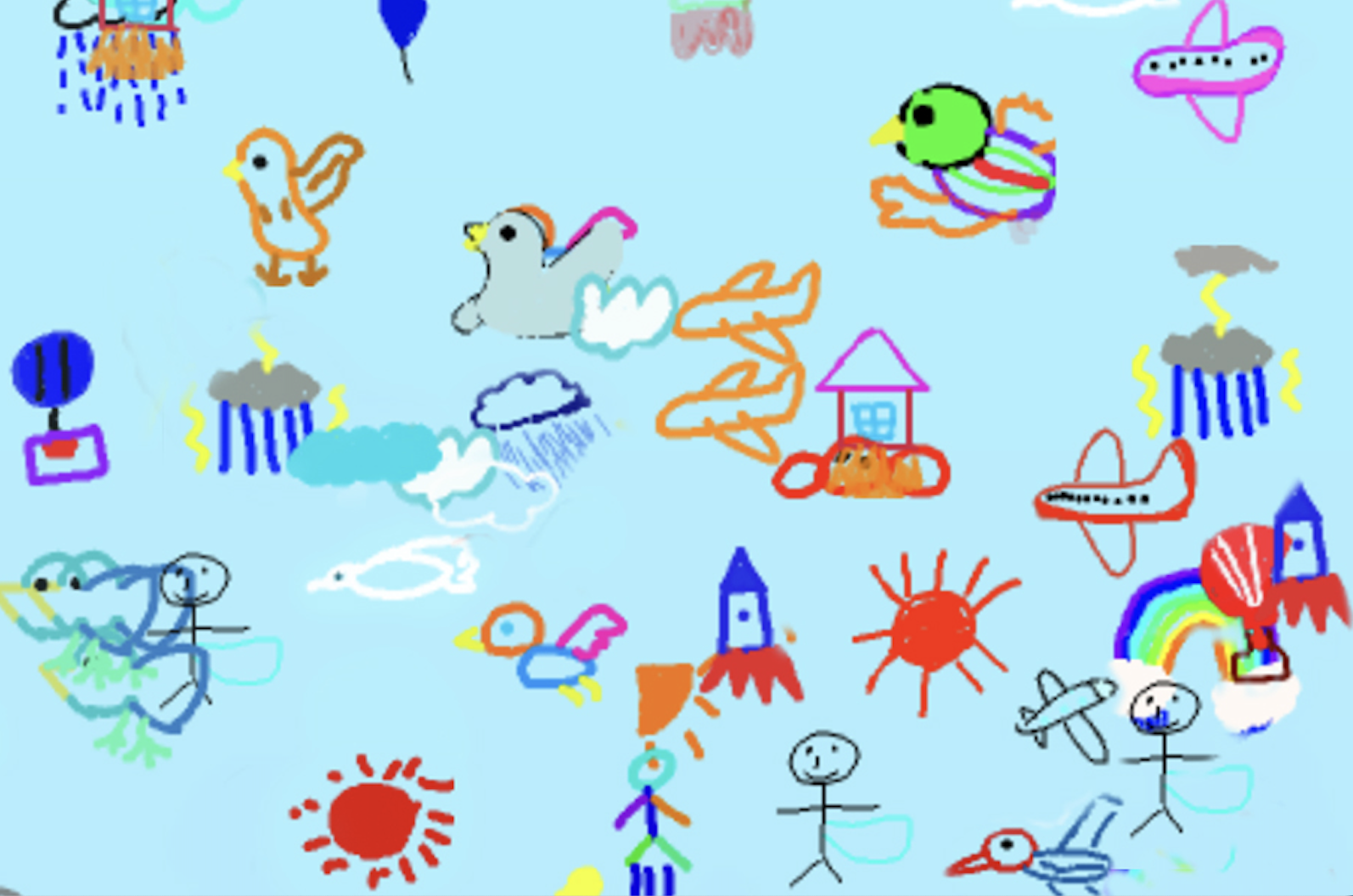 複数の子どもが描いた作品が一つの画面で共演している様子。